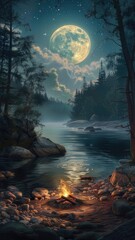 a campfire nestled by the river, its crackling flames casting a warm glow on the water's edge, while the full moon illuminates the scene with its mesmerizing radiance - obrazy, fototapety, plakaty