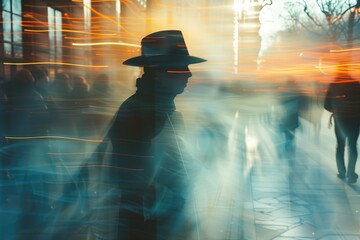 silhouette of a mysterious man with a hat in the city, time-lapse - obrazy, fototapety, plakaty