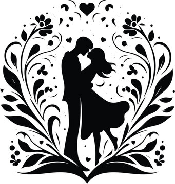 recommend clip art: lover kissing silhouette flowers ornament decoration, floral vector design. 