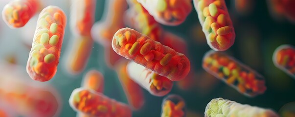 Closeup view of probiotics bacteria in a scientific study on digestion. Concept Microbiome Research, Probiotic Bacteria, Digestive Process, Scientific Study, Closeup Photography - obrazy, fototapety, plakaty