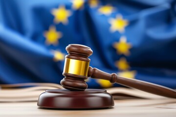 wooden judge's gavel and the flag of the European Union