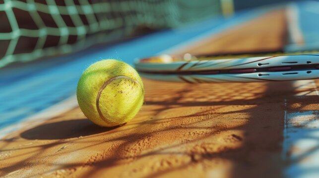 A vivid image capturing a tennis ball and racket resting on the textured surface of a tennis court