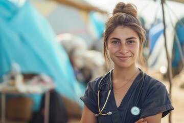 A young nurse in a refugee camp in a conflict zone - obrazy, fototapety, plakaty
