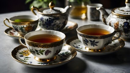 Savor the Moment: A Cup of Tea, Symbolizing Tranquility and Elegance, Served in a Floral Patterned, Golden Rimmed Teacup, generative AI - obrazy, fototapety, plakaty