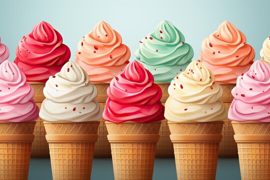 Different flavors of ice cream with a cone on a light background.