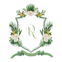 Painted hand drawn DK initial wedding crest. Watercolor Crest with white peonies, Palmettos, lemons, and olive leaves on the white Background. Wedding Crest Design.