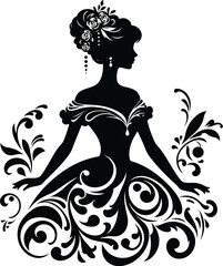 women in beautiful dress, silhouette flowers ornament decoration, floral vector design. 