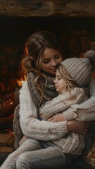 Obraz premium a young mother and her daughter as they sit together by a cozy fireplace, enveloped in warmth and love, creating a tender and nurturing atmosphere.