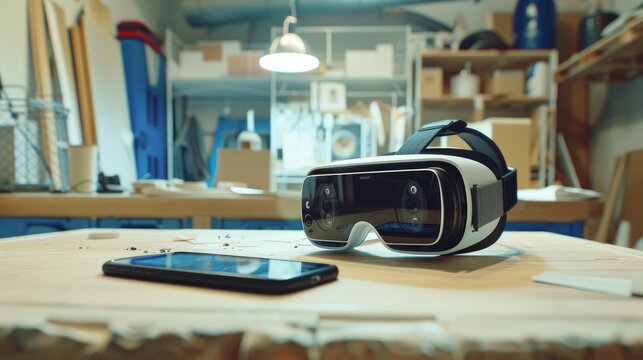 A sleek pair of virtual reality goggles alongside a modern smartphone, neatly arranged on a studio table