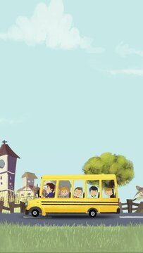 Niños en autobus escolar. Excursión en el colegio
