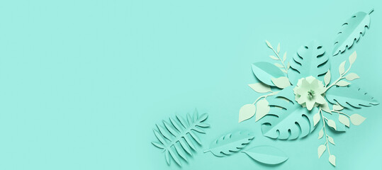 Beautiful paper flower and leaves on turquoise background with space for text