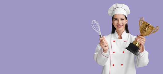 Female chef with trophy cup and whisk on lilac background with space for text