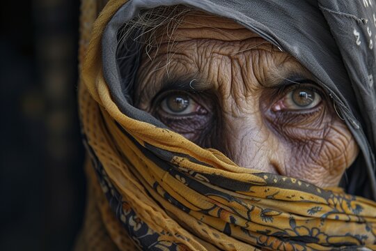 very sad, tired and wrinkled old woman looking at the camera