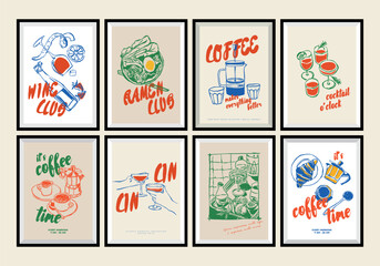 Minimalist hand drawn food and drink vector print poster collection. Matisse style. Art for postcards, branding, logo design, background.