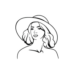 Black and white drawing of a young woman in a hat
