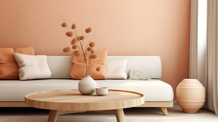 Fototapeta na wymiar living room with wooden coffee table near sofa close-up. Interior in trendy peach colors