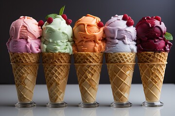 A set of ice cream cones of different flavors in one order.