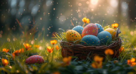 A wicker basket, filled with decorated Easter eggs, is located in a natural environment, surrounded by grass and small flowers, with dew drops and a blurred background that creates a bokeh effect. - obrazy, fototapety, plakaty