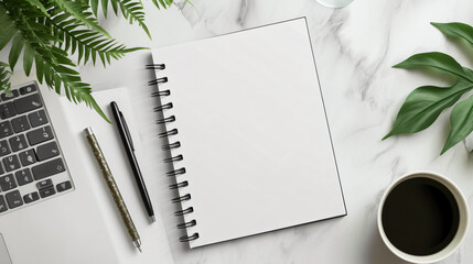 A minimalistic and stylish blank notebook mockup, featuring a sleek black cover and intricate binding, placed on a desk alongside a set of vibrant pens. The focus is on the captivating desig - obrazy, fototapety, plakaty