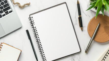 Minimalist workspace with a blank notebook ready for your creative ideas. Showcase your designs or present your branding concepts with this clean mockup featuring a sleek notebook cover and