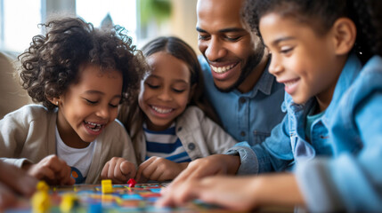 A loving family gathers around a colorful board game, laughing and bonding on a cozy rainy day indoors. The excitement builds as they strategize and take turns, creating cherished memories t - obrazy, fototapety, plakaty