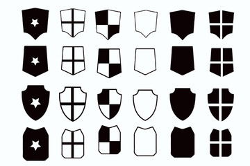 Shield, protection, defence and security vector icons set. Police and military badge shield silhoutte symbols. Collection of vector shields. Shield badge symbol. Label collection for soccer. - obrazy, fototapety, plakaty