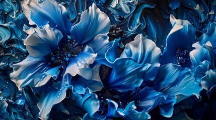 This image features a striking abstract painting that depicts a series of vibrant blue flowers with...