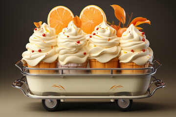Serving ice cream in a cafe on a tray with wheels in a retro style.
