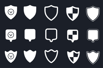 Shield, protection, defence and security vector icons set. Police and military badge shield silhoutte symbols. Collection of vector shields. Shield badge symbol. Label collection for soccer.