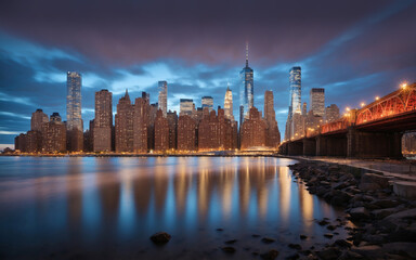Fototapeta na wymiar Manhattan skyline, evening, city lights