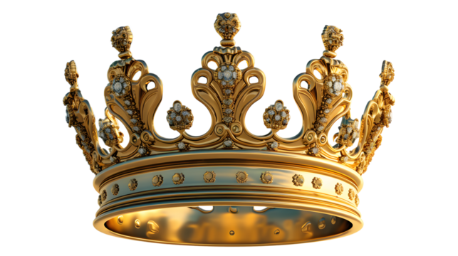 A regal and elegant golden crown hangs in mid-air against a pure and crystal-clear background