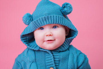 Portrait of a cute baby in a warm knitted jumpsuit with a hood on a pink background