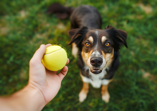 Cute mongrel dog portrait shot with a owner arm offering green tennis ball to lovely friend. Loyal dogs pets friendship, outdoor walking and just funny canine portrait image.