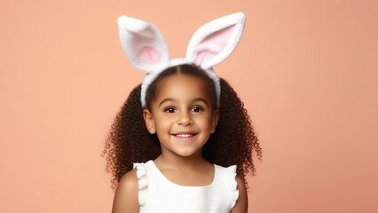 little happy afro american girl in a bunny costume on a background of peach fuzz, portrait of a child wearing bunny ears for easter, happy easter concept