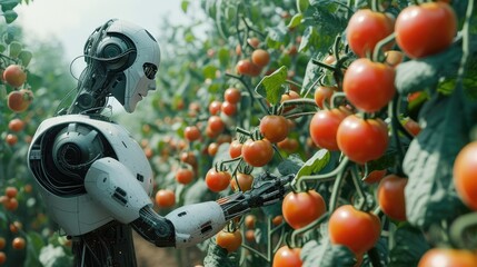 Robot picking tomatos from hydroponic farm . - obrazy, fototapety, plakaty