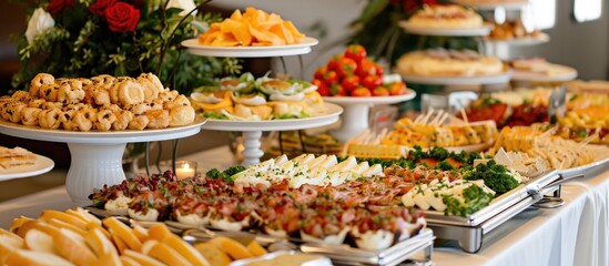 Exquisitely adorned banquet table showcasing various snacks, appetizers, and sandwiches.