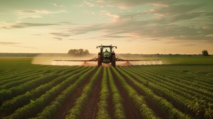 a tractor equipped with pesticide sprayers as it moves through a vast soybean field, its mechanical...