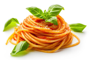 Twirl of spaghetti pasta with tomato sauce, garnished with fresh basil leaves on white.