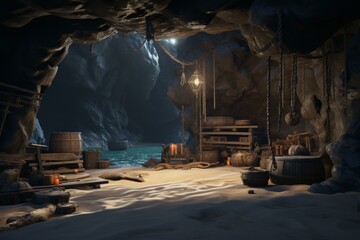 Pirate chest cave. Golden adventure. Generate Ai