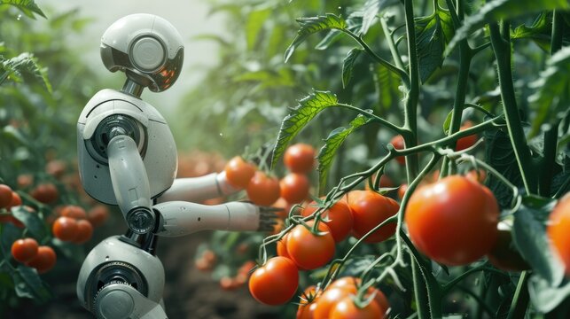 Artificial intelligence robots harvesting tomatos from farm.