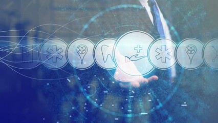 The medical theme. A double exposition of a businessman with an outstretched hand and a large room are the backdrop for the moving circles with medical symbols moving in a row. Insurance variations.