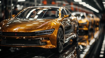 a row of cars are sitting on a conveyor belt in a factory