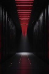 A dark themed garage display room with red neon lights - obrazy, fototapety, plakaty