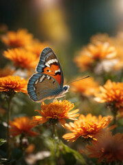 A beautiful butterfly sits on an orange flower