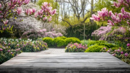 Fototapeta na wymiar an empty light grey wooden table set against the backdrop of a lush garden with a blooming magnolia tree, evoking a sense of tranquility and natural beauty.
