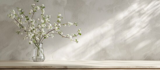 White bird cherry branch with tiny flowers in glass vase in elegant white living room with marble tile wall and wood table, copy space.