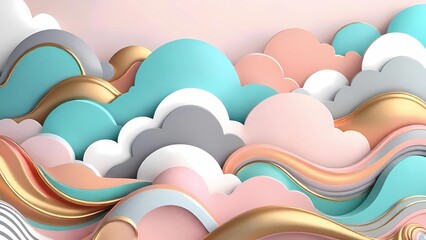 theme of abstract, pastel-colored wave and cloud formations with a three-dimensional, digital art style