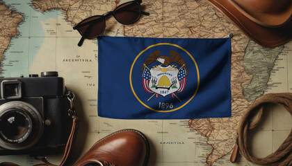 Utah flag lies on the map surrounded by camera, glasses, travel and tourism concept