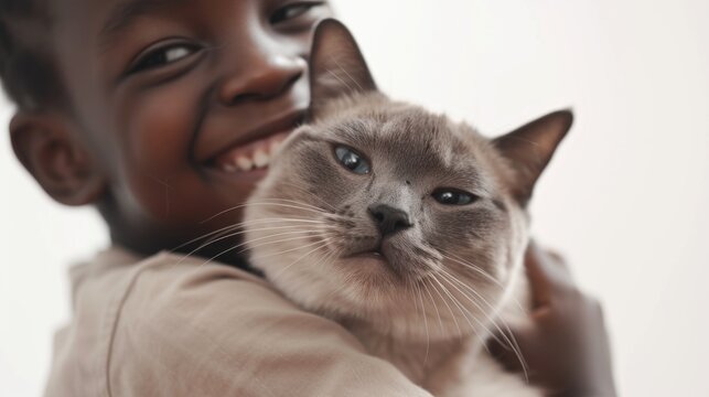 The image shows a smiling young child holding a Siamese cat close to their face. Both the child and the cat are in focus, with the background appearing in soft white tones, highlighting the warm inter