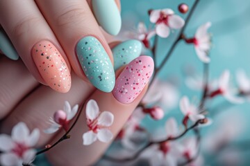 Female hands with beautiful Easter inspired pastel colors nail design on long almond form nails. Woman hands with trendy polish manicure on background with spring flowers - obrazy, fototapety, plakaty